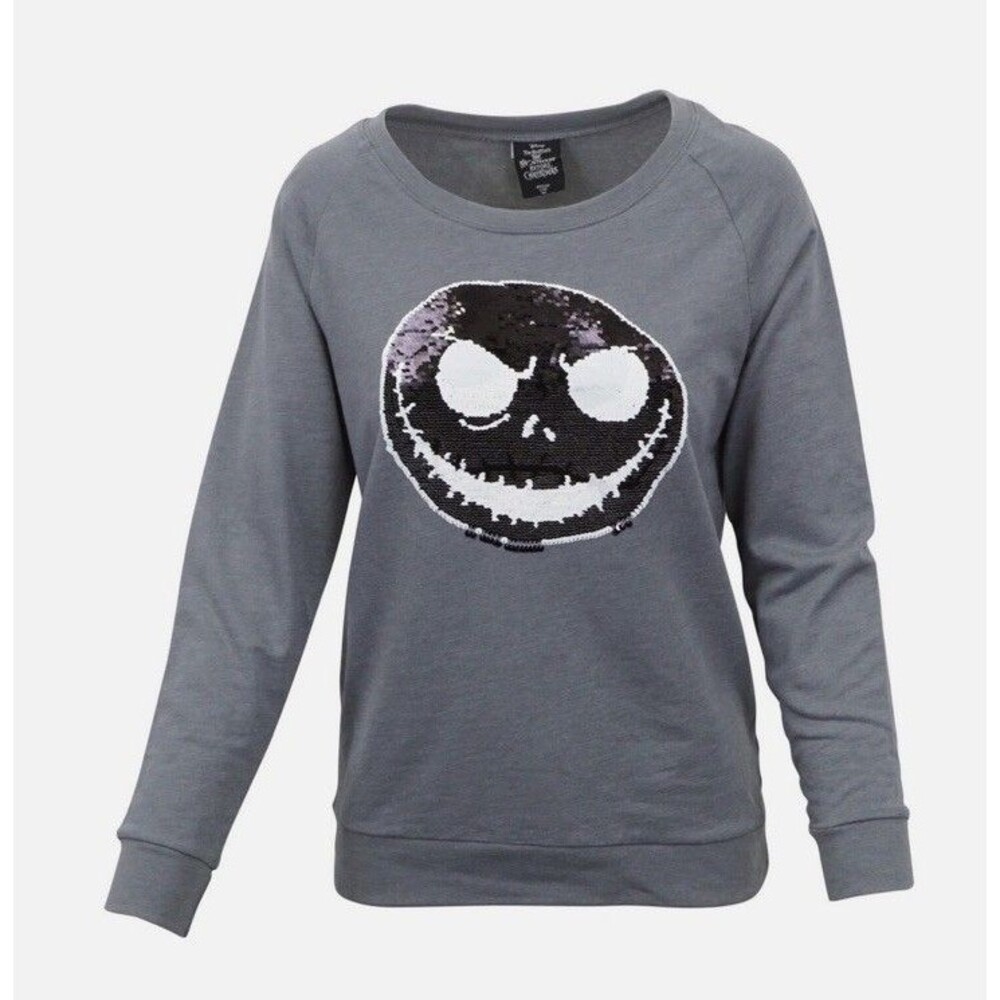 Nightmare Before Christmas Shirt M Pullover Gray Sequined Jack Skellington Face